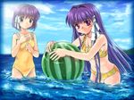  bikini blush breasts clannad cleavage day duplicate food fruit fujibayashi_kyou fujibayashi_ryou holding holding_food holding_fruit multiple_girls mutsuki_(moonknives) ocean one-piece_swimsuit siblings sisters small_breasts swimsuit twins water watermelon 