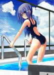  asakura_ryou_(artist) blue_hair competition_swimsuit long_hair mizugi oshiri pool purple_eyes wet 