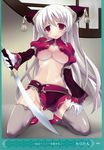  absurdres banned_artist breasts chinese_clothes d: grey_hair grey_legwear highres kneeling large_breasts moritan no_bra open_mouth red_eyes spread_legs sword thighhighs underboob weapon 