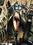  a.q.u.a arm_up bad_id bad_pixiv_id bikini_top black_hair black_rock_shooter black_rock_shooter_(character) blue_eyes boots burning_eye chain checkered checkered_floor coat front-tie_top gloves glowing glowing_eye gun long_hair midriff navel overhead_swing scar short_shorts shorts solo standing sword twintails weapon 