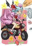  =_= bad_id bad_pixiv_id blue_hair closed_eyes electric_fan fang fanning_face flower ground_vehicle highres motor_vehicle motorcycle nemo_(marmeid331) remilia_scarlet riding smile solo touhou translated wings 
