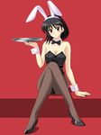  animal_ears black_hair bob_cut bunny_ears bunnysuit high_heels masakichi_(crossroad) pantyhose red_eyes school_rumble shoes short_hair solo tray tsukamoto_yakumo 