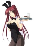  animal_ears bare_shoulders breasts brown_eyes bunny_ears bunnysuit cleavage glass kousaka_tamaki large_breasts long_hair masakichi_(crossroad) pantyhose red_hair solo to_heart_2 tray waitress 