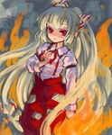  ama-tou bad_id bad_pixiv_id bow fire fujiwara_no_mokou hair_bow hand_on_own_chest highres long_hair pants ponytail sidelocks solo suspenders touhou very_long_hair 