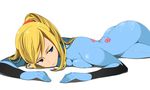  agemono ass bad_id bad_pixiv_id blonde_hair blue_eyes bodysuit breast_press breasts lying medium_breasts metroid on_stomach ponytail samus_aran skin_tight solo thighs translation_request zero_suit 