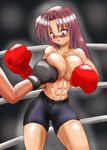  abs belly blush boxer boxing boxing_gloves boxing_ring breast_press breast_punch breasts cleavage huge_breasts looking_down navel oppai pink_eyes punch purple-hair ring sweat sweat_pants tagme topless wide_hips 