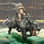  amazon_(dragon's_crown) armlet armor baariya bikini bikini_armor blonde_hair boots breasts dragon's_crown feathers halberd large_breasts long_hair muscle muscular_female panties polearm riding sabertooth_cat solo swimsuit tattoo thong thong_bikini underwear weapon 