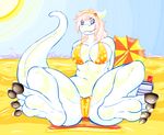  bikini blue_eyes breasts camel_toe clothed clothing dragon female hair herro hindpaw horn horns looking_at_viewer paws pink_hair seaside sitting skimpy smile soles solo swimsuit tail 