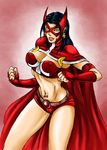  belt black_hair blue_eyes cape costume dc_comics ear_ring fists huntress masked navel_ring nipples red super_heroine 