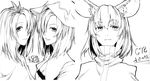  aki_minoriko aki_shizuha animal_ears face greyscale hair_over_one_eye hat leaf makie_fujiyuki monochrome mouse_ears multiple_girls nazrin short_hair siblings sisters touhou twins 