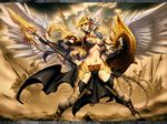  armor blonde_hair blue_eyes chain genzoman helmet midriff norse_mythology panties polearm shield solo spear underwear valkyrie weapon wings 
