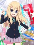  blazer blonde_hair jacket k-on! long_hair open_mouth pointing protractor purple_eyes round_teeth saitou_sumire skirt smile solo teeth tom_(drpow) 