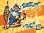  advertisement feline ffl_paris french_text japanese_clothing katana male orangina samurai solo sword tiger weapon 