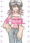  bandeau comic denim flcl gloves goggles goggles_on_head grin hair_over_one_eye hand_on_hip haruhara_haruko helmet jeans midriff navel official_art pants pink_hair smile solo strapless tubetop ueda_hajime yellow_eyes 
