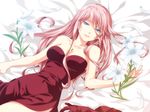  blue_eyes breasts cleavage dress flower jewelry jyuru long_hair lying medium_breasts megurine_luka necklace petals pink_hair red_dress smile solo vocaloid 