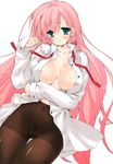  aqua_eyes areola_slip areolae blush breasts copyright_request crotch_seam highres large_breasts munyuu no_bra no_panties open_clothes open_shirt pantyhose pink_hair pubic_hair pussy see-through shirt 