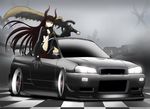  akiran_(r32) black_gold_saw black_rock_shooter brown_hair car chain claws ground_vehicle king_saw motor_vehicle nissan nissan_skyline red_eyes solo sword weapon 