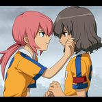  armband blue_eyes brown_eyes brown_hair inazuma_eleven_(series) inazuma_eleven_go kirino_ranmaru letterboxed long_hair male_focus mizuhara_aki multiple_boys pink_hair raimon raimon_soccer_uniform shindou_takuto soccer_uniform sportswear tears twintails upper_body wiping_tears 