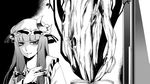  arm_up bad_id bad_pixiv_id book greyscale hat irohara_mitabi long_hair monochrome patchouli_knowledge smile solo touhou wood 