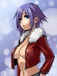  belt blue_eyes breasts character_request cleavage copyright_request cropped_jacket jacket medium_breasts navel open_clothes open_jacket open_mouth pants purple_hair short_hair snow solo yahara_fuzuki 