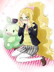  :&lt; bespectacled blonde_hair cattleya_(pokemon) gen_5_pokemon glasses green_eyes hat long_hair pantyhose pokemon pokemon_(creature) pokemon_(game) pokemon_bw ponytail reuniclus very_long_hair white_legwear yaomai 