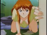  90s :| all_fours angry bangs barefoot blue_eyes breasts brown_hair cleavage closed_mouth doorway downblouse extended_downblouse fingernails foreshortening full_body fusuma futon hanging_breasts indoors large_breasts long_fingernails looking_at_viewer neon_genesis_evangelion no_bra open_door outstretched_arm paper pillow screencap shirt short_sleeves sidelocks sliding_doors solo souryuu_asuka_langley v-shaped_eyebrows 