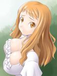  alternate_hairstyle anjou_naruko ano_hi_mita_hana_no_namae_wo_bokutachi_wa_mada_shiranai. breasts cleavage downblouse frills hair_down large_breasts long_hair orange_eyes orange_hair solo yaso_shigeru 