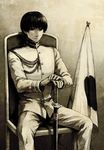  aiguillette axis_powers_hetalia bad_id bad_pixiv_id black_hair chair imperial_japanese_navy japan_(hetalia) japanese_flag katana kurosuke_(nora) male_focus military military_uniform monochrome realistic sepia sitting solo sword uniform weapon 