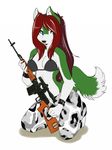  bikini blue_eyes breasts camo canine clothed clothing ear_piercing facial_piercing female gun hair jewelry kneeling mammal nose_piercing nose_ring piercing plain_background ranged_weapon red_hair skimpy sniper_rifle solo spazzykoneko swimsuit weapon white_background wolf 