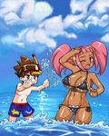  athletic bikini breasts climax_entertainment curvy dark_skin dinosaur_king erect_nipples ganguro getter kitsune-tsuki_(getter) kodai_ryuuta large_breasts muscle_girl navel ocean playing sea sega splash splashing swimsuit tan tan_skin tatsuno_malm teasing teenage_girl_and_younger_boy twintails wide_hips 