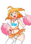  1boy ;d ahoge blue_eyes blush bulge cheerleader chinzurena chinzuri_bop crossdress crossdressing english looking_at_viewer male male_focus mars_symbol midriff navel one_eye_closed open_mouth orange_hair original panties pantyshot pom-poms pom_poms short_hair side_ponytail simple_background smile solo sweat thighhighs trap undersized_clothes underwear white_background white_legwear white_thighhighs wink 