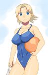  bad_id bad_pixiv_id bare_shoulders basketball blonde_hair blue_eyes breasts cleavage final_fantasy final_fantasy_tactics large_breasts monk_(fft) one-piece_swimsuit short_hair solo swimsuit tsukudani_(coke-buta) 