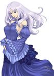  annelotte bare_shoulders blue_dress breasts detached_sleeves dress eiwa long_hair medium_breasts purple_hair queen's_blade queen's_blade_rebellion sideboob signature solo white_background 