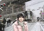  bicycle black_hair car city coat ear earmuffs ohigetan ponytail realistic scenery smile snow sweater teeth train turtleneck umbrella 