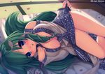  :p blue_eyes blush breasts caidychen cleavage detached_sleeves frog_hair_ornament green_hair hair_ornament kochiya_sanae large_breasts long_hair lying making_of on_side snake solo tongue tongue_out touhou 