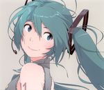  bare_shoulders blue_eyes closed_mouth face hatsune_miku highres long_hair simple_background smile solo uki_atsuya upper_body vocaloid 