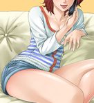  breasts brown_hair cellphone cleavage couch hanamura hands head_out_of_frame lips medium_breasts original phone shorts sitting solo talking_on_phone thighs 