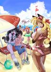  beach_ball beach_umbrella bikini breasts butt canine clothed clothing dog feline female flip_flops fox human kemonono looking_at_viewer looking_back looking_over_shoulder male mammal parasol seaside shota side_boob skimpy swimming_trunks swimsuit water young 