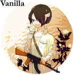  ak-47 assault_rifle bandage_over_one_eye bandages black_hair english flower food grey_eyes gun ice_cream original personification rifle short_hair solo temoshi thistle weapon 