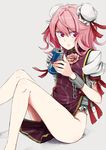  bandages bottomless bun_cover can chain cuffs double_bun flower ibaraki_kasen legs no_pants pink_hair product_placement red_bull red_eyes sitting soda_can solo tabard tai0201 touhou 