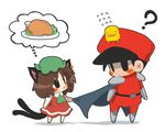  1girl ? animal_ears anna_(or) bird black_eyes blush brown_hair cape cat_ears cat_tail chen chibi crossover food hat jewelry lowres multiple_tails single_earring solid_circle_eyes spoken_food street_fighter tail thought_bubble touhou vega 