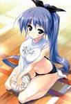  bloomers blue_eyes blue_hair erect_nipples gym gym_uniform long_hair momoiro_guardian ponytail ribbon urotan volleyball 