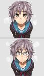  :&lt; blush collarbone cum cum_on_clothes cum_on_hair face facial glasses henkuma highres kita_high_school_uniform leaning_forward messy_hair nagato_yuki purple_hair school_uniform serafuku short_hair simple_background suzumiya_haruhi_no_yuuutsu yellow_eyes 