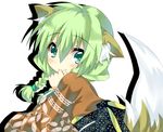  braid green_eyes green_hair kemonomimi kitsunemimi looking_back saitou_kon shingetsu_takehito smile solo tail twin_braids wafuku 
