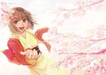  artist_request cherry_blossoms fur_collar jacket japanese_clothes kara_no_kyoukai kimono looking_at_viewer obi open_mouth red_jacket ryougi_shiki sash short_hair smile solo 