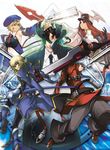  3boys blazblue blonde_hair blue_eyes green_eyes green_hair gun hazama heterochromia imageboard_sample jin_kisaragi multiple_boys multiple_girls necktie noel_vermillion official_art ragna_the_bloodedge red_hair sword tsubaki_yayoi weapon white_hair 