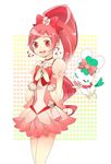  bad_id bad_pixiv_id blush bow choker chypre_(heartcatch_precure!) closed_eyes creature cure_blossom dress earrings flower hair_ribbon hanasaki_tsubomi heart heartcatch_precure! jewelry kiro_taoru long_hair magical_girl pink_bow pink_eyes pink_hair ponytail precure red_choker ribbon smile solo wrist_cuffs 