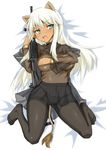 animal_ears bad_id bad_pixiv_id black_legwear bracelet breasts covering covering_breasts crotch_seam dakku_(ogitsune) feet green_eyes gun jewelry medium_breasts open_mouth original panties panties_under_pantyhose pantyhose rifle see-through solo strike_witches_1991 tail thighband_pantyhose underwear weapon white_hair world_witches_series 