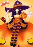  bow breasts candy cape chocolate cleavage cleavage_cutout dress halloween hat hat_ribbon jack-o&#039;-lantern large_breasts lollipop oppai pointed_ears pumpkin purple_eyes purple_hair ribbon shoes smile striped_thighhighs thighhighs witch_hat 