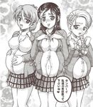  3girls belly_hold bowtie braid breast_hold breasts clavicle cleavage dress_shirt hair_clip japanese_text large_breasts long_hair milk_hunters monochrome navel open_mouth oppai precure pregnant short_hair skirt smile tagme tongue 